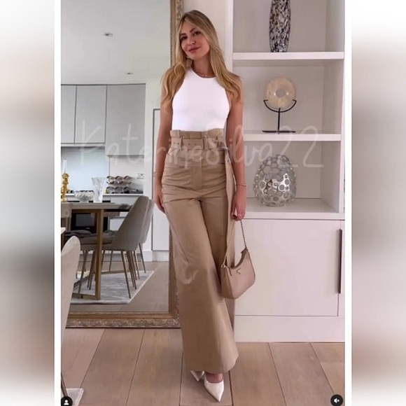 Zara Wide Leg Belted Full Length Gabardine Pants Khaki - Picture 2 of 11